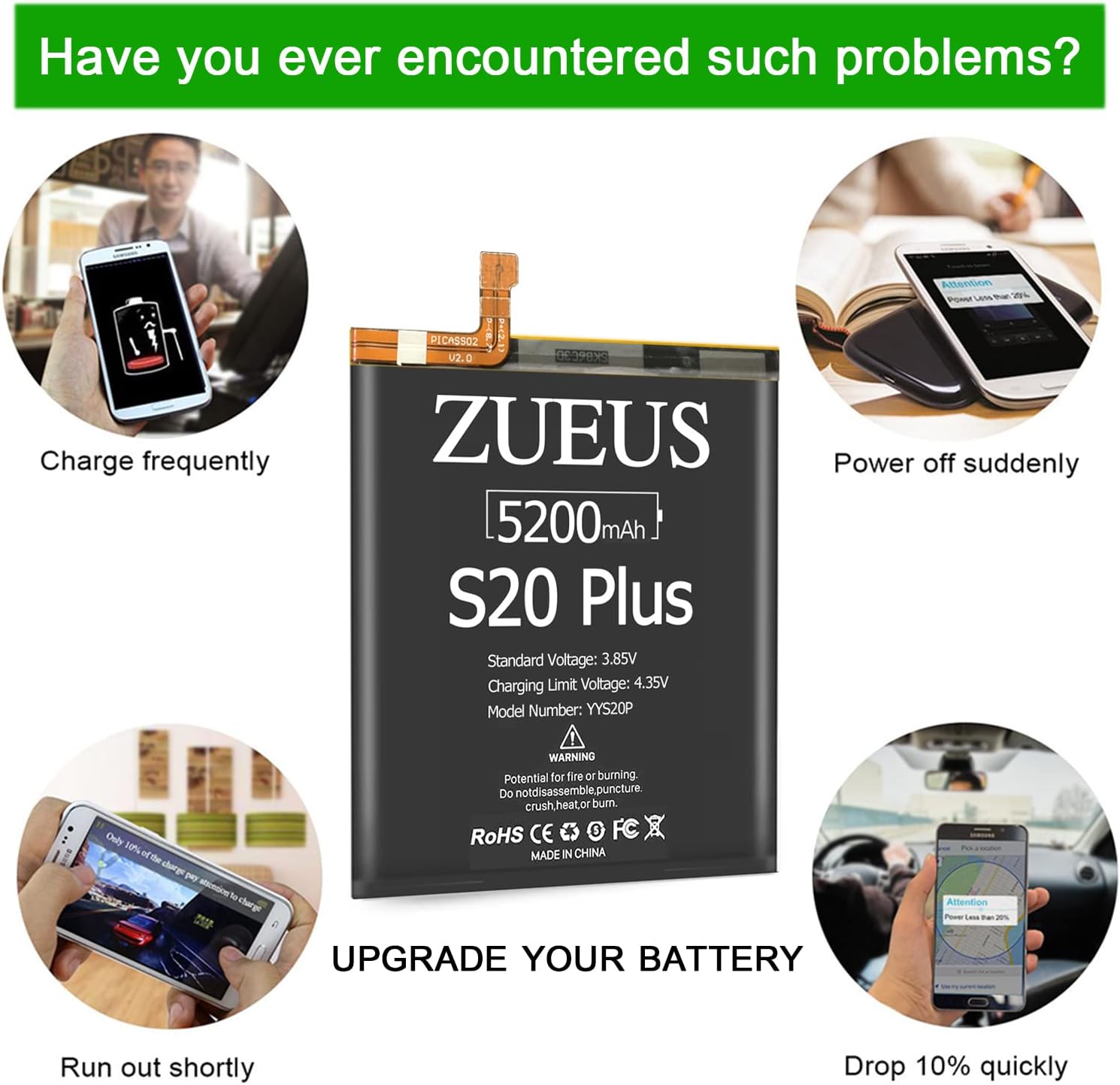 Galaxy S20 Plus Battery ZUEUS 5200mAh Li-Polymer Battery EB-BG985ABY Replacement for Samsung Galaxy S20 Plus SM-G985 SM-G985F S20+ 5G with Screwdriver Tool Kit : Cell Phones & Accessories