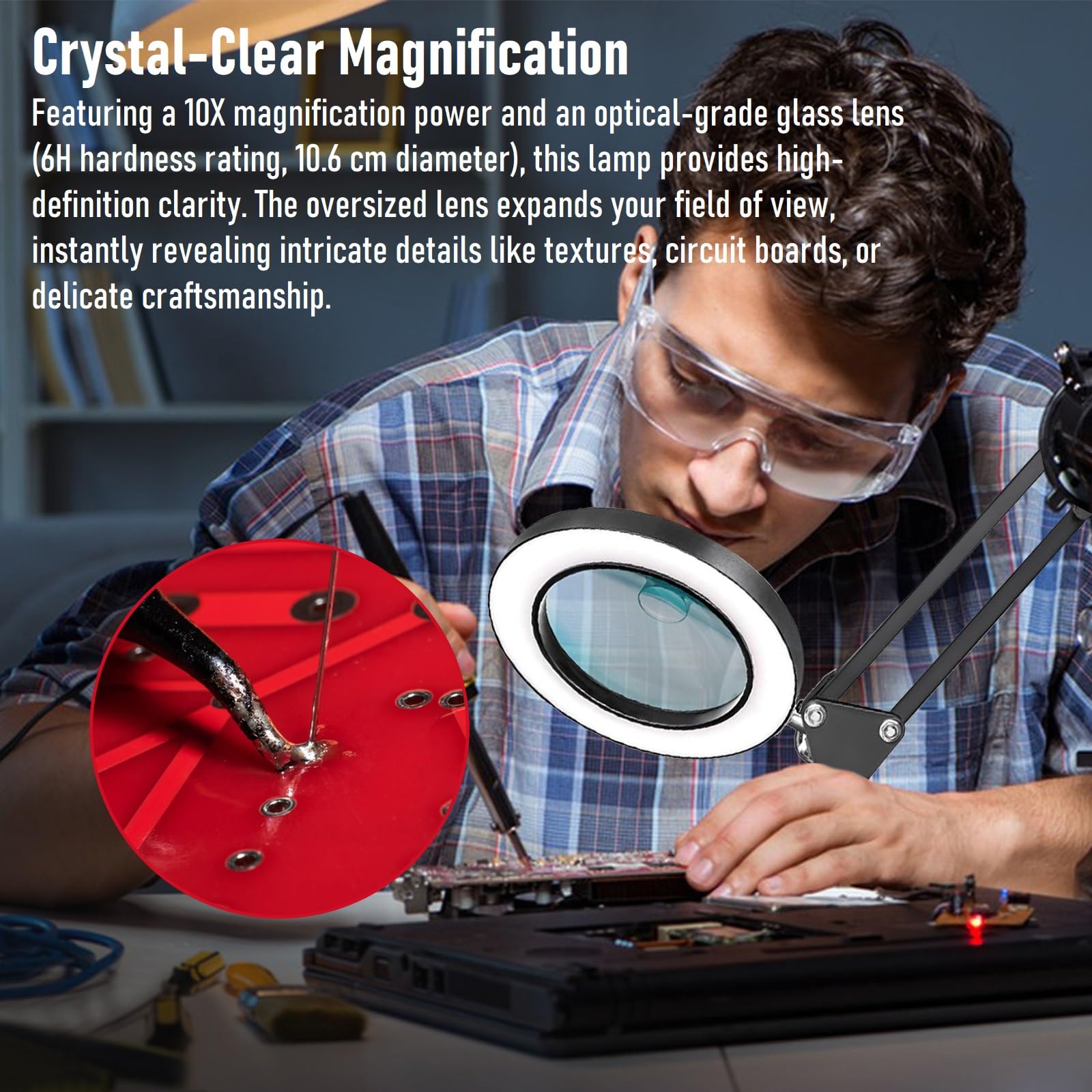 10-fache Vergrößerungslampe mit HD-Glaslinse | 3 Farbtemperaturen, 360° verstellbarer Arm, Metallklemme und Ständer | LED-Computerlampe zum Lesen, Basteln