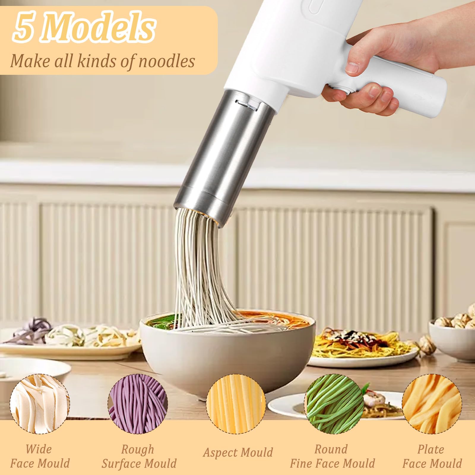 Máquina de pasta eléctrica portátil, 40 W, máquina de pasta eléctrica de mano, con 5 formas de pasta, recargable, máquina de pasta de acero inoxidable para espaguetis, fettuccine