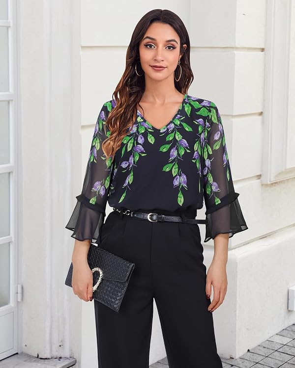 Bebonnie Women Blouses Dressy Casual Tops: Womens Ruffle 3/4 Sleeve V Neck Double Layers - Flowy Chiffon Blouse Business Office Work - School Teacher Shirts for Womens Fashion Black Violet M by Bebonnie - Used condition - Image 3