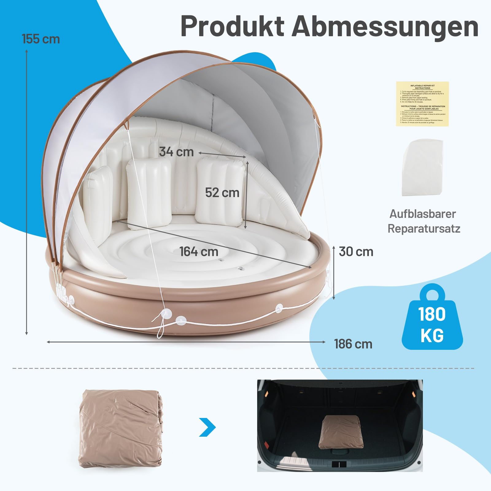 COSTWAY Aufblasbare Badeinsel mit einziehbarem Dach, Schwimminsel mit 3 bequemen Kissen, SPF 50+, Schwimmliege bis 180 kg belastbar, aufblasbare Lounge für 2 Erwachsene
