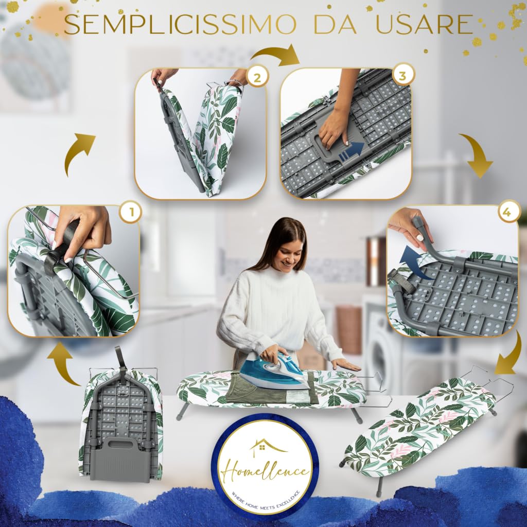 Homellence Asse Stiro Salvaspazio da Viaggio - Mini Asse Stiro da Tavolo Pieghevole Piccolo con Meccanismo Brevettato - Foldable Ironing Board - 2 Coperture Premium - Piccolo e Compatto (Verde)