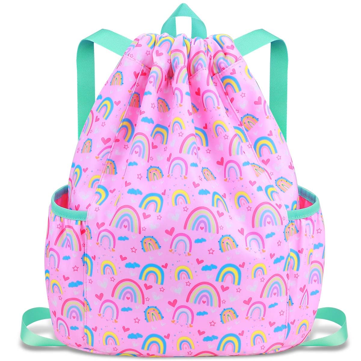 RHCPFOVR Drawstring Backpack for Kids - Rainbow Bags for Girls Mini Gym Dance Beach Swim Travel Bag With Two Water Bottle Holder