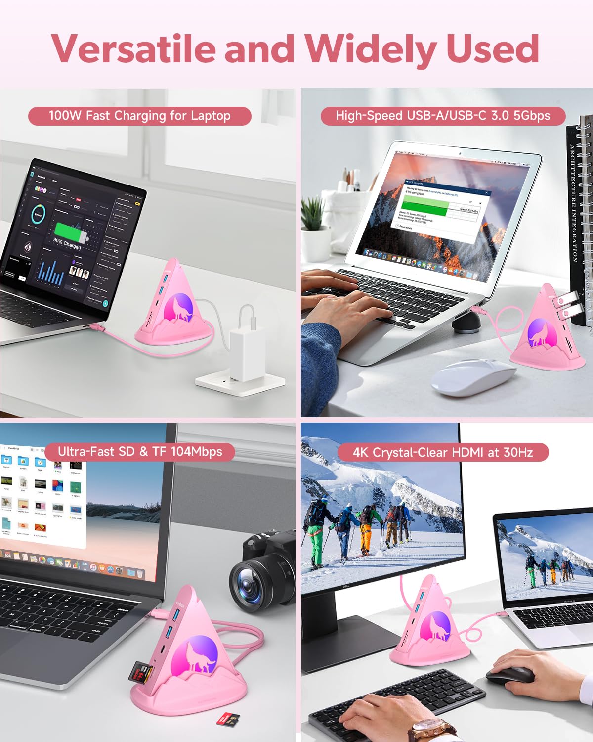 Hub USB C, adaptador multipuerto tipo C 8 en 1 rosa con HDMI 4K a 30Hz, 100W PD, 5Gbps 1xUSB-C, 3xUSB-A 3.0, ranuras SD/TF e iluminación RGB, hub USB rosa para MacBook Air/Pro, iPad, iMac