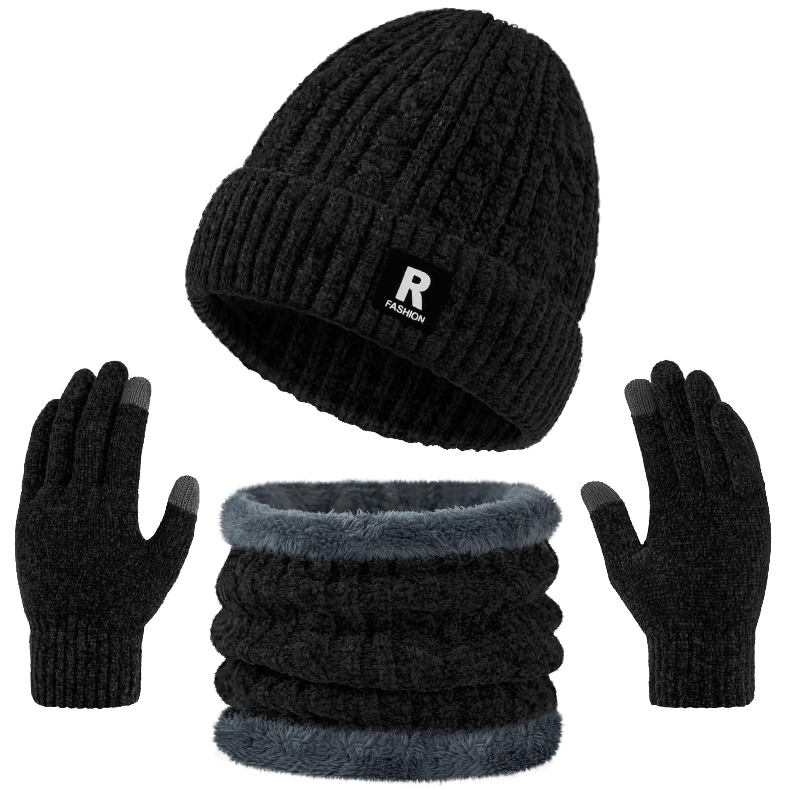 Black Winter Knit Beanie Hat Neck Warmer Touchscreen Gloves, Warm Fleece Lined for Men Women, Ideal Winter Gifts 3 Pieces Set-image-10