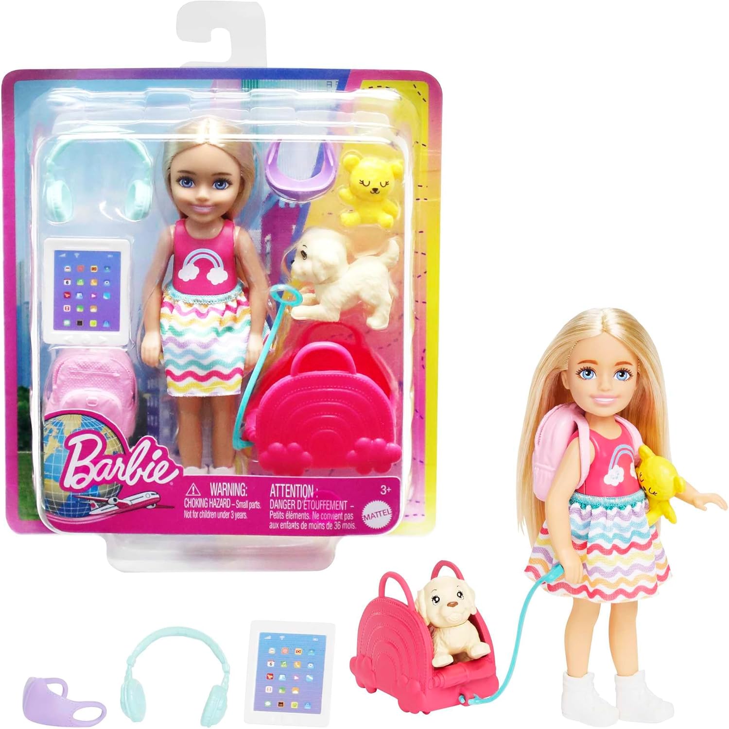 Barbie® Chelsea en Voyage Coffret poupée Chelsea et accessoires de voyage, 1 chiot et 6 éléments dont un sac de transport, HJY17