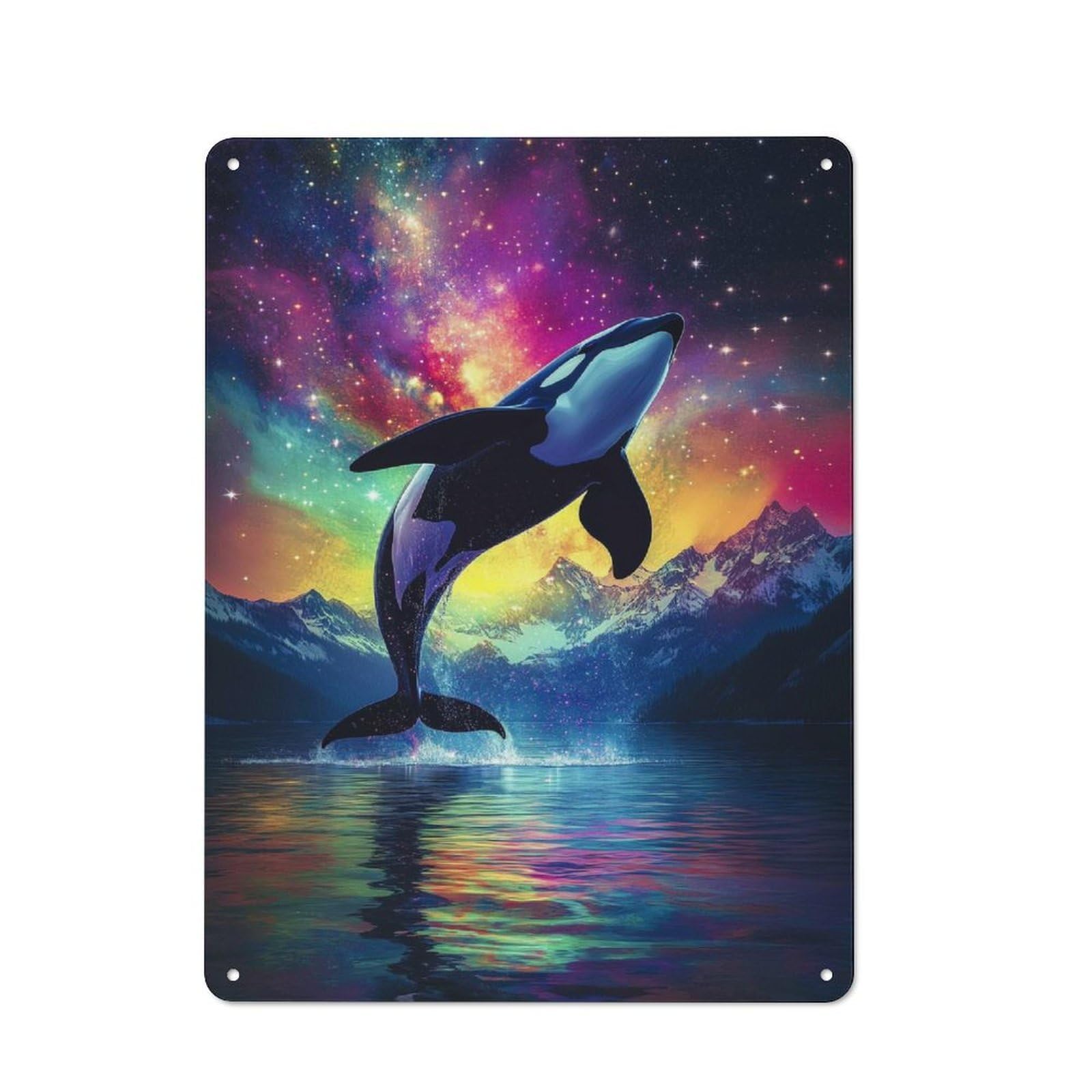 Orca Whale Leaping in Cosmic Waters Understated Metal Wall Decor 40x30cm, Office Metal Sign for Office, Study, Studio Or Hallway