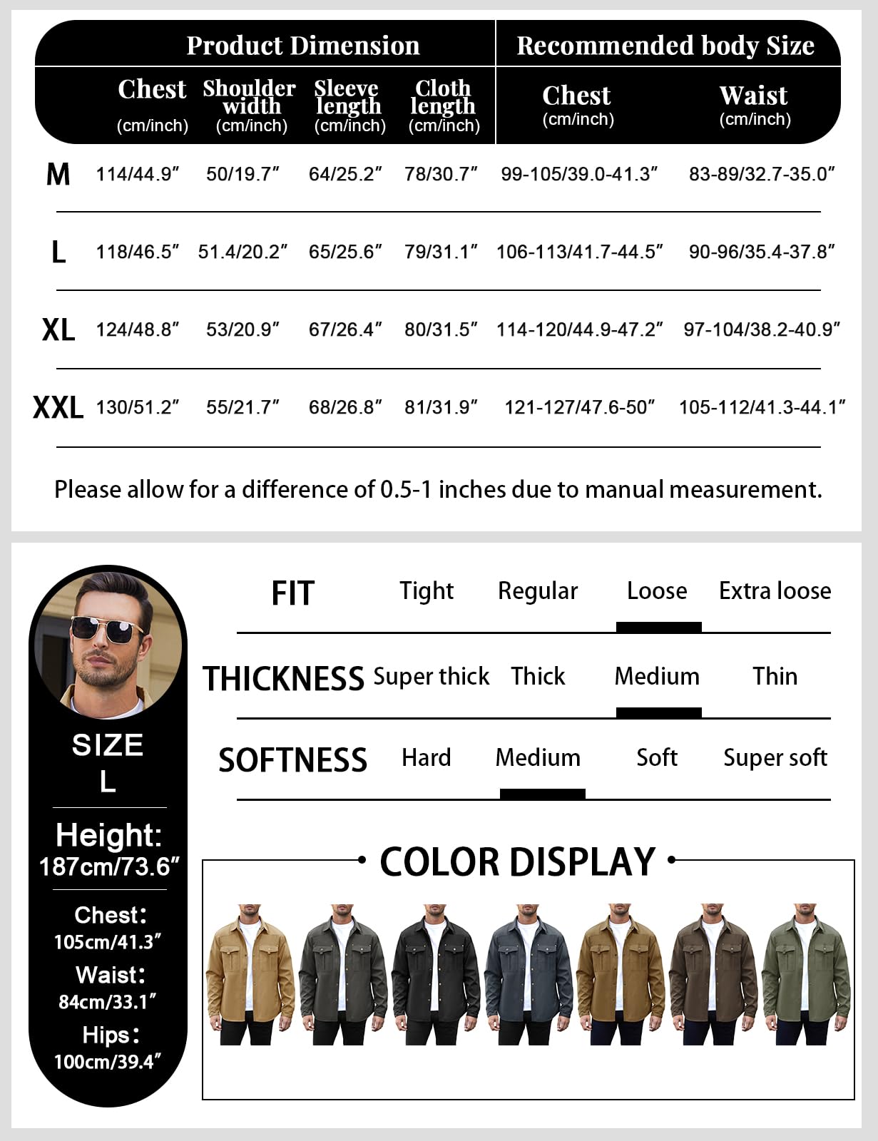 Voqeen Giacca Uomo Casual Camicia Maniche Lunghe Plaid Giubbotto Bottone a Pressione Giacca Occidentale Robusto Outdoor Flanella Foderato Leggera Giubbino