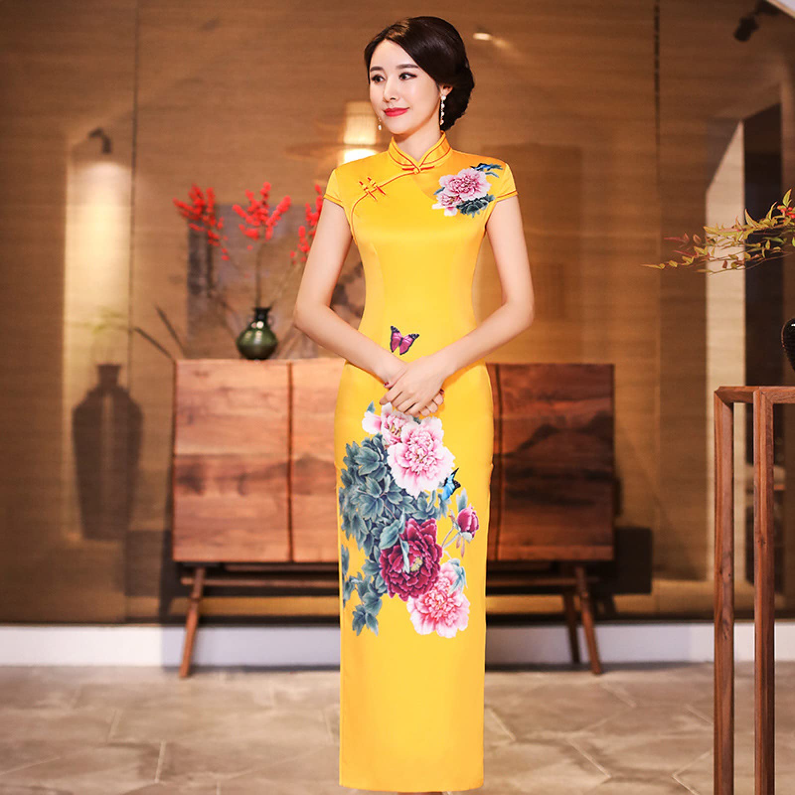 YAROVA Vestito da Cinese Donna -Abiti Cheongsam Tradizionali Cinesi Primavera Estate Manica Corta Retro Lungo Qipao Abito Casual Migliorata per l'Abbigliamento Quotidiano