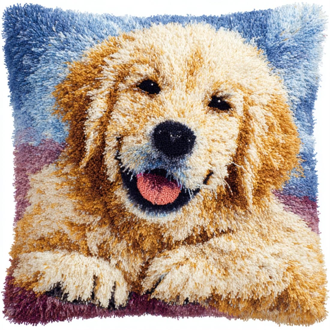 Kitquiver Animal Latch Hook Cushion Kits Golden Retriever Portrait DIY Latch Hook Kits Pillowcase Embroidery,Knitting,Gift for Adults/Beginners 17x17In