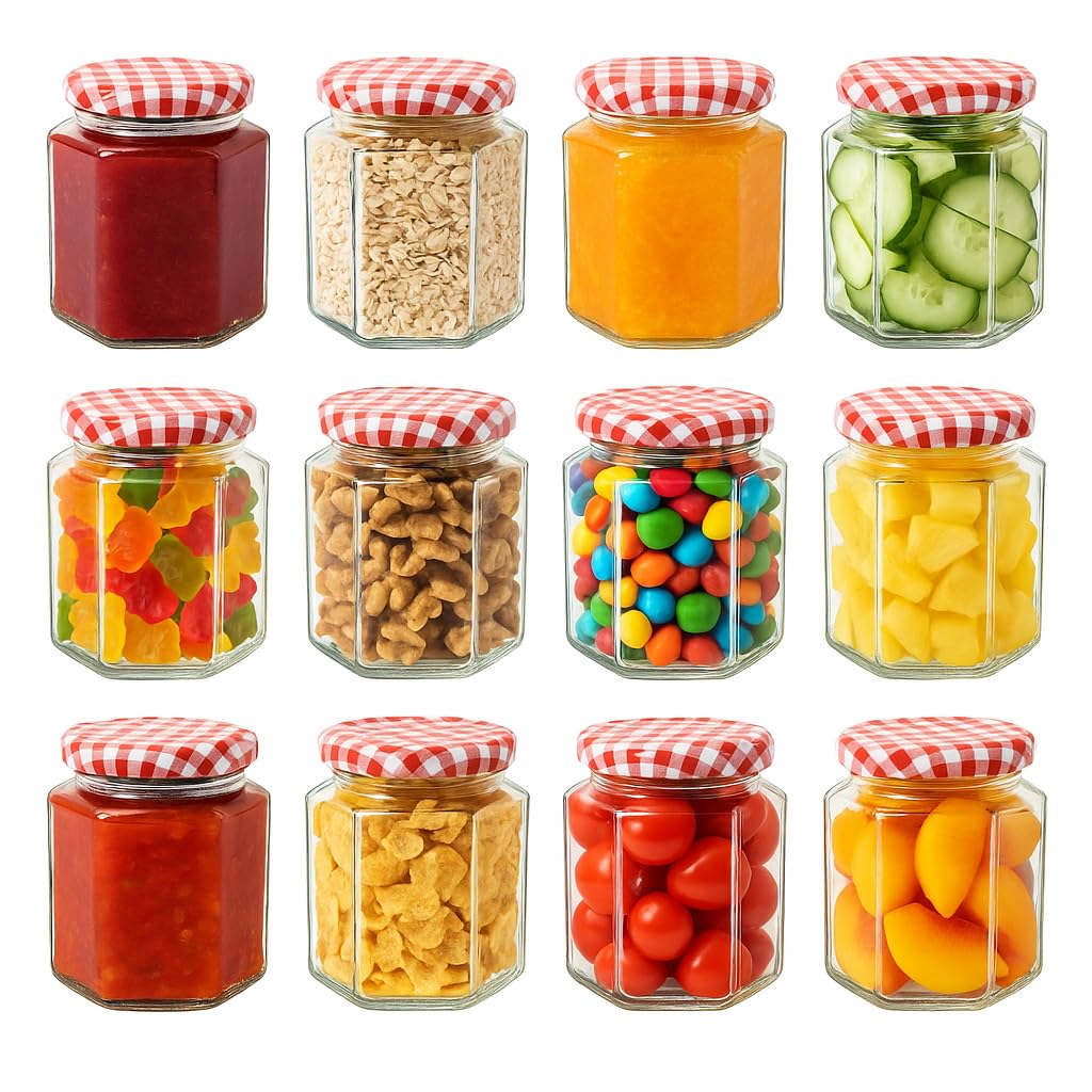 Trendi Gold/Red Glass Storage Jars With Lids – Set Of 12 | 280Ml Airtight Glass Containers | Hexagonal Jar | Screw Top With Lids | Ideal For Pickles, Chutney, Fruits, Oats & Jams