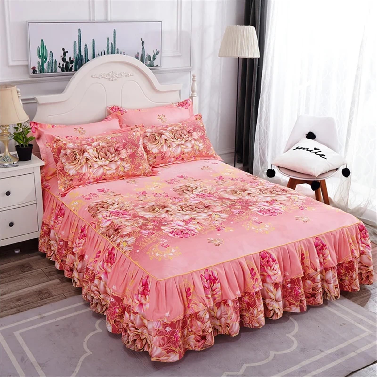 3pcs Bedding Simple Flower Bed Skirt With Pillowcases Wedding Bedspread Bed Sheet Mattress Cover(Color-02,3pcs 180x200cm)