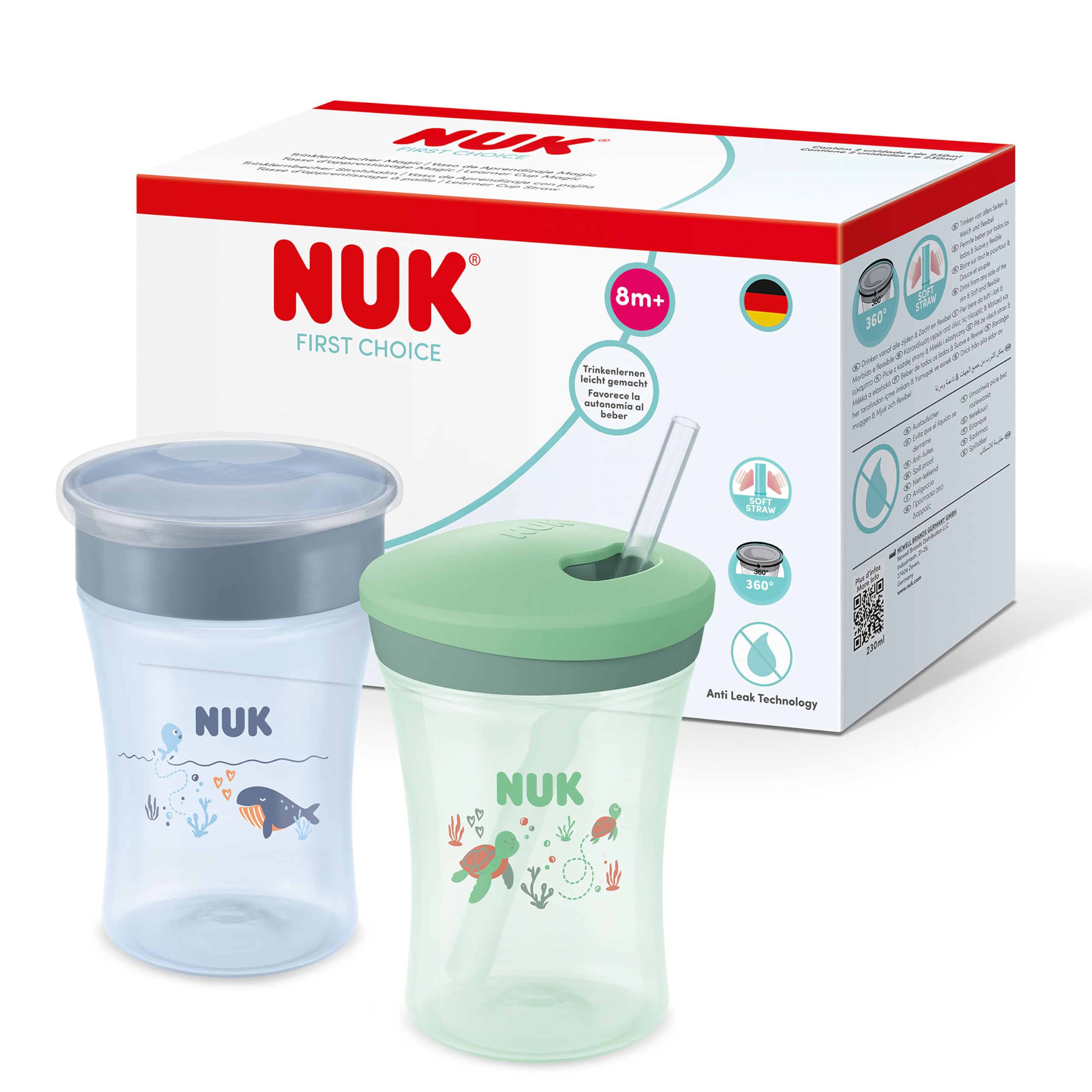 NUK First Choice Learn to Drink Set | Magic Cup & Straw Cup | 230ml | Toddler Bottles | Blue Whale & Green Turtle | 2 Count