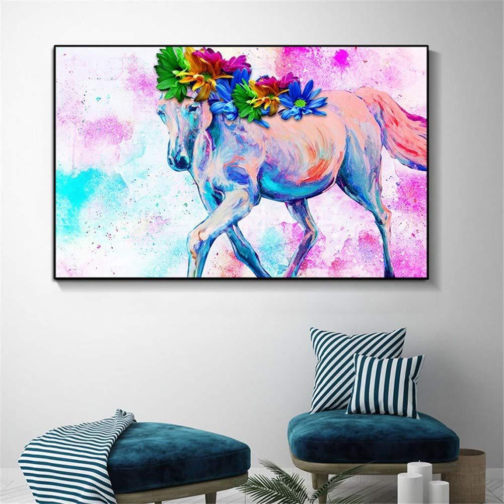 Peinture Diamant 5D Complet Fleurs et Cheval Grand Format 80x160cm Broderie Diamant