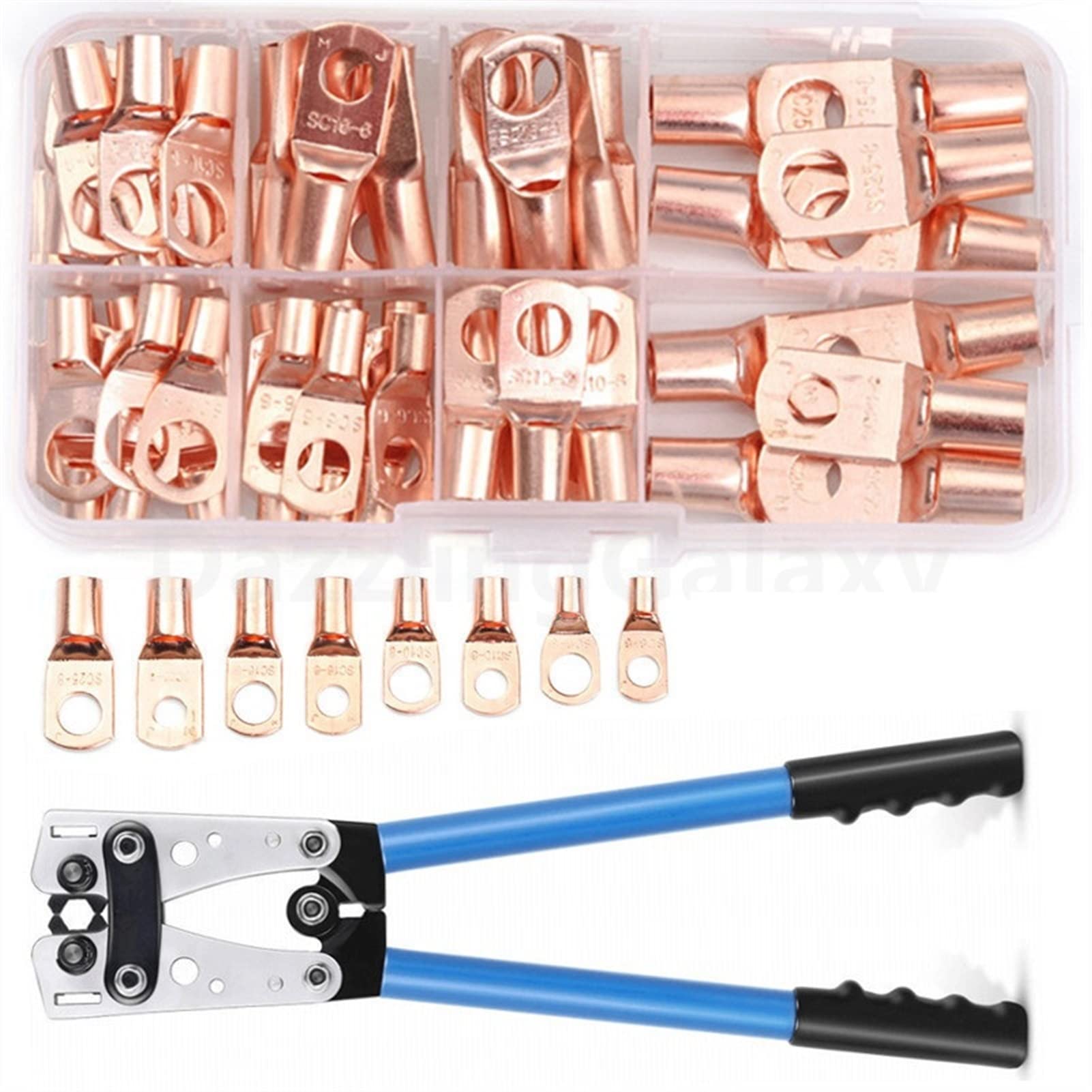 Ringkabelschuhe, Kupfer-Kabelschuh-Drahtverbinder, 60-teiliges Sortiment, Auto, HX-50B Crimp-Werkzeuge, Kabelschuhe, Sechskant-Crimp-Schneidezange(Red Bronze)
