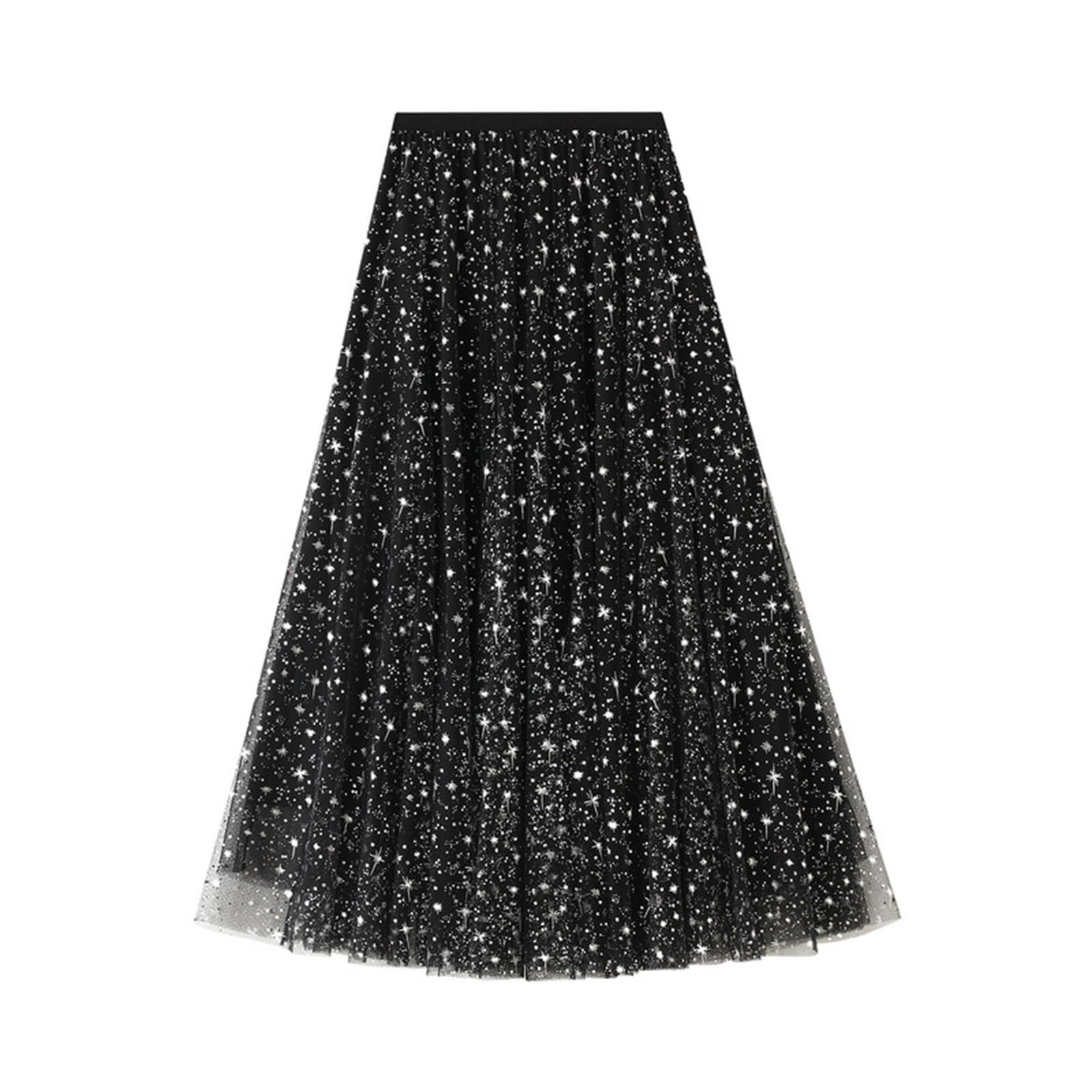 Modeewel Women's Long Sequin Skirt Tutu High Low Skirt Mesh Fabric Multilayer Midi Skirt A-line Princess Dress Carnival Costume Tulle Skirt Glitter A-line Skirt, black, M