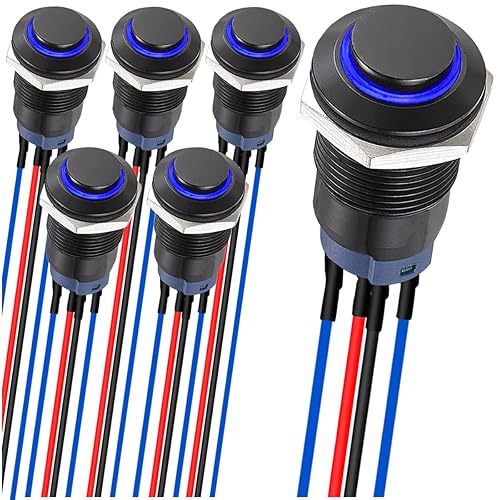Miniatura 1 de 6 interruptores de botón LED de 0.472 in con cierre de 0.472 in, carcasa negra con precableado, interruptor de botón impermeable IP65, 1NO 2