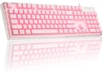 Clavier de jeu, 7 Clavier de jeu filaire rétro-éclairé de couleurs solides avec boîtier clair et double-capsules de clés, MageGee K1 Ergonomie imperméable 104 Keys Light Up clavier pour PC Ordinateur portable de bureau, rose