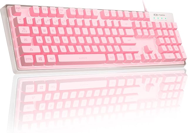 Clavier de jeu, 7 Clavier de jeu filaire rétro-éclairé de couleurs solides avec boîtier clair et double-capsules de clés, MageGee K1 Ergonomie imperméable 104 Keys Light Up clavier pour PC Ordinateur portable de bureau, rose