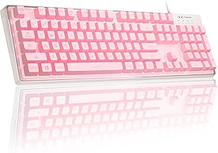 MageGee Gaming Keyboard, 7 Solid Colors Backlit Wired Gaming Keyboard with Clear Housing and Double-Shot Keycaps, K1 Waterproof Ergonomic 104 Keys Light Up Keyboard for PC Desktop Laptop, Pink