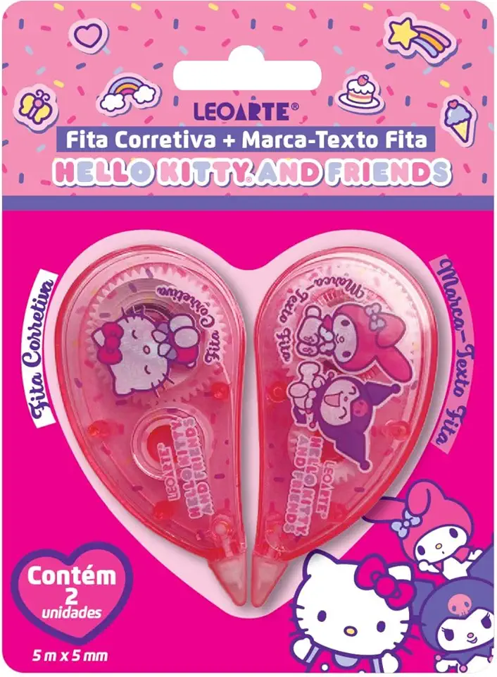 Fita Corretiva + Marca-texto Fita 5mmx5m Hello Kitty E Amigos- Blister C/ 2 Unid. Leoarte