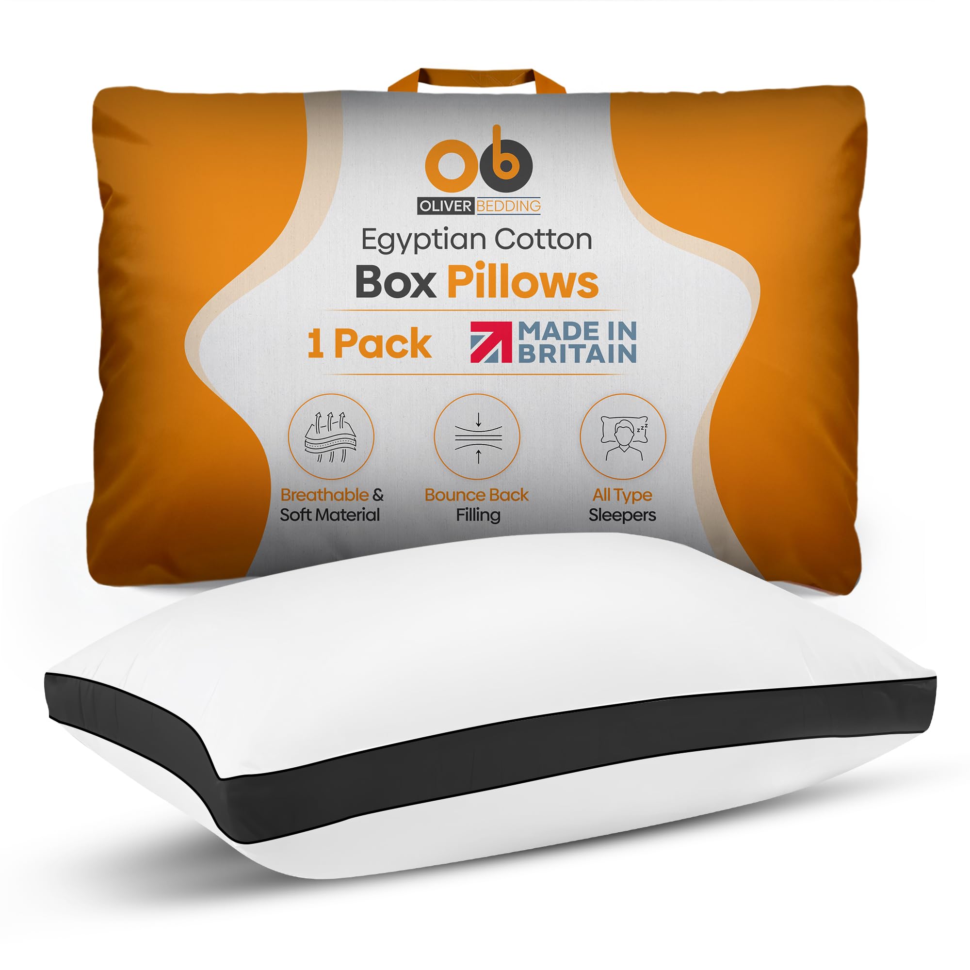 Premium Egyptian Cotton Box Pillows Hotel Quality Pillows for Back Stomach and Side Sleepers Down Alternative Filling Bed Pillow Hypoallergenic Breathable Washable Cover (Pack of 1) (Black)