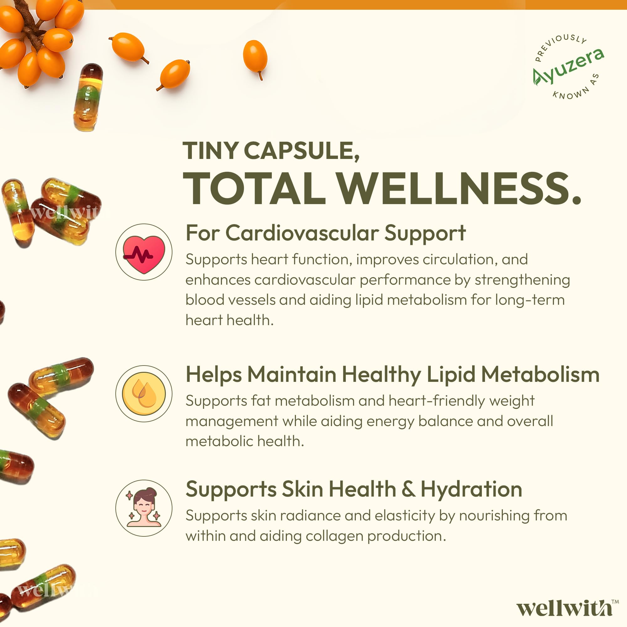 Wellwith (Ayuzera) Sea Buckthorn Berry Oil Vegan Omega 7 500mg, 90 Veg HPMC Capsules (Pack of 3), 45-Day Supply| Sea buckthorn capsules rich In Omega 3, 6, 7 & 9 For Muscle, Bone, Heart & Skin — Amazon image 4