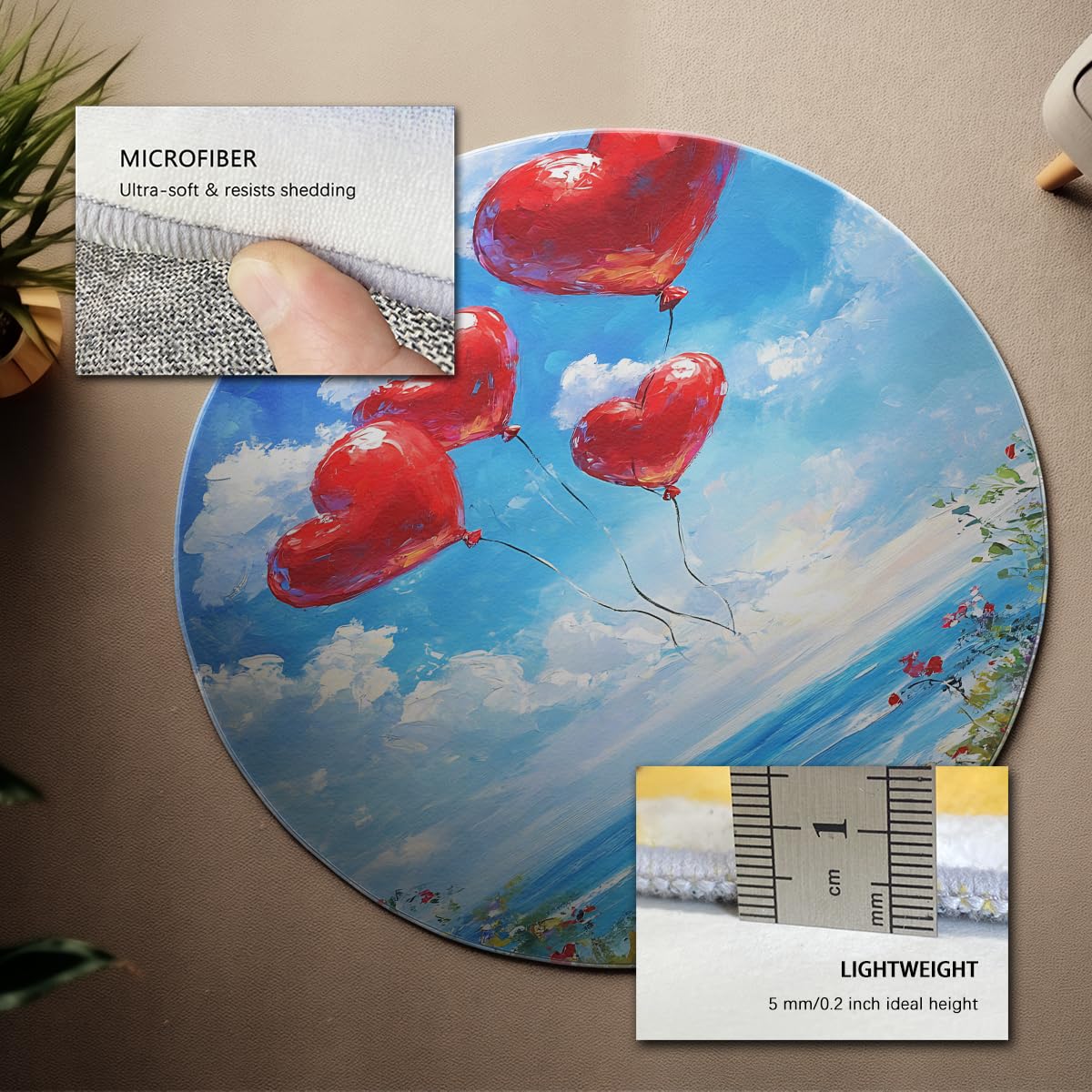 Romantyczne niebo oceaniczne czerwone balony w kształcie serca, okrągły dywan 120 cm (okrągły), kolorowe kwiaty, z nadrukiem, antypoślizgowy, do salonu i sypialni