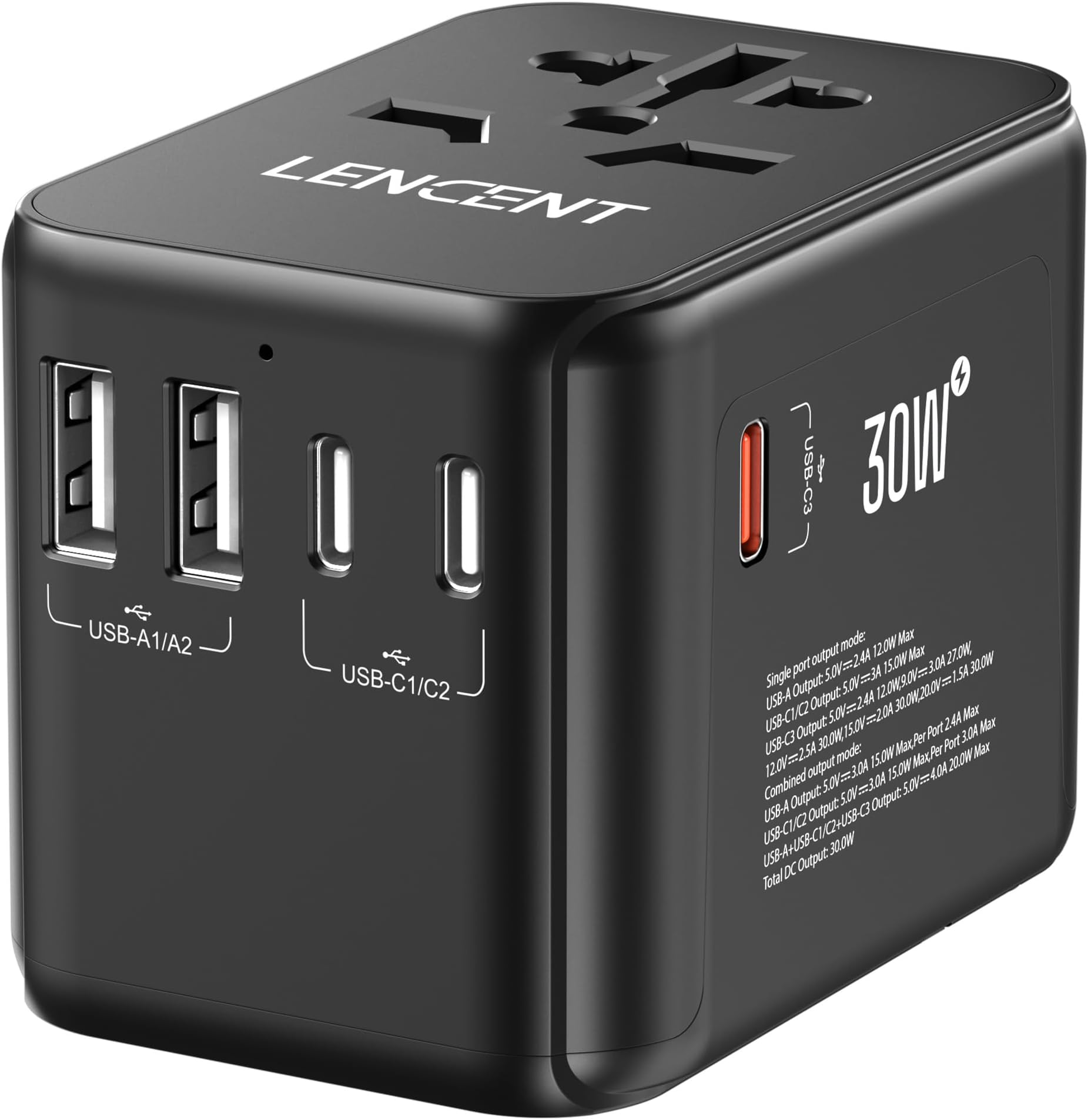 LENCENT Universal Travel Adapter, International Charger with 2 USB Ports & 3 USB-C 30W Fast Charging Adaptor, All in One Worldwide Wall Charger for iPhone,Tablets,Laptops, Type A/C/G/I (USA/UK/EU/AUS)