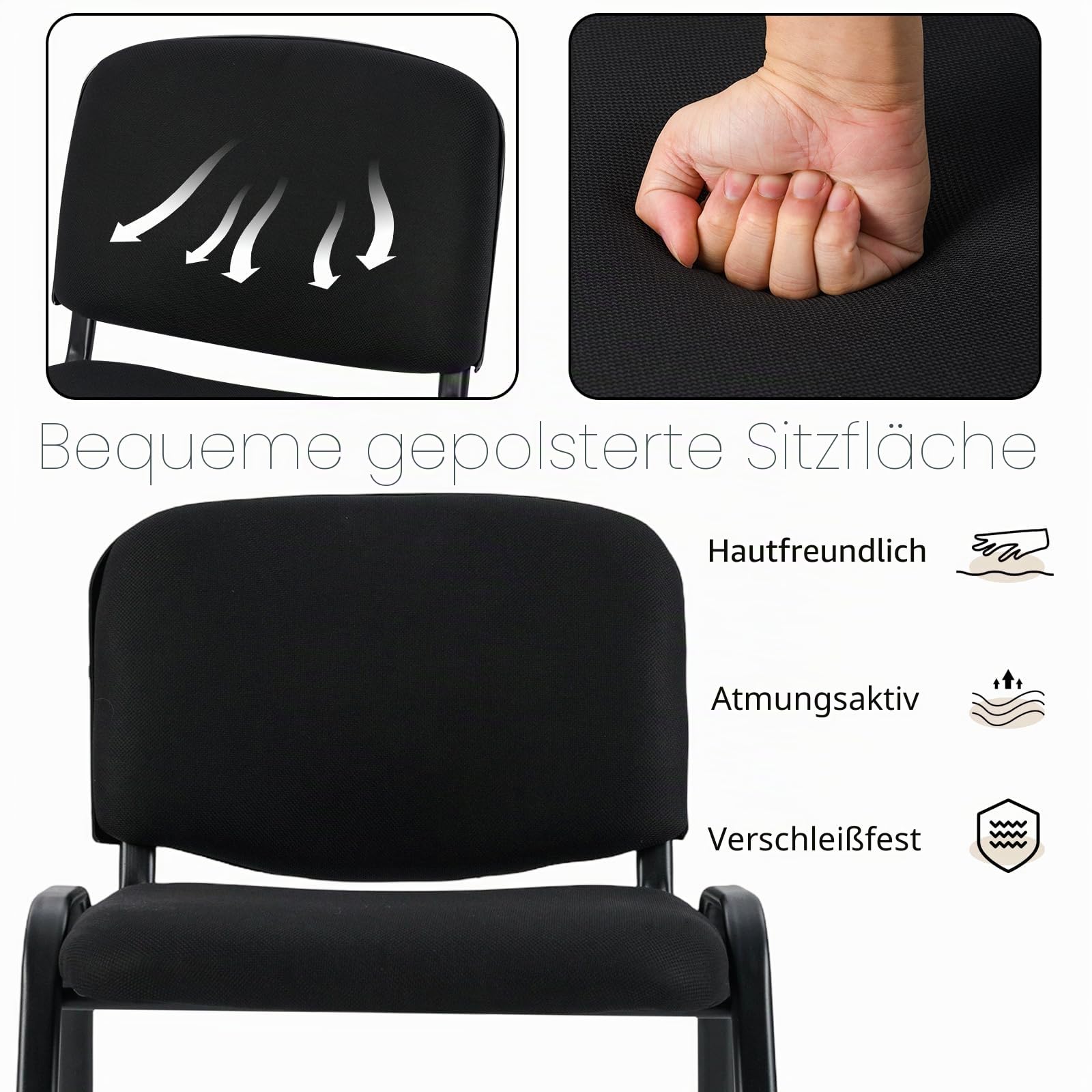 HOMASIS 5er Set Bürostuhl, stapelbarer Konferenzstuhl mit Rückenlehne, belastbar 150 kg, gepolsterter Besucherstuhl für Büro Wartezimmer Konferenzraum, Empfangsstuhl Schwarz (Modell 2)
