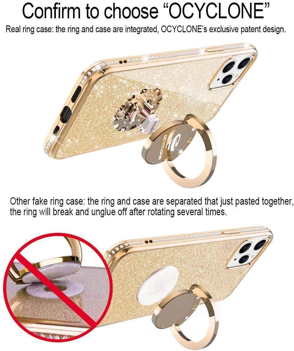 OCYCLONE iPhone 12 Pro Case, iPhone 12 Case, Cute Glitter Sparkle Bling Diamond Rhinestone Bumper with Ring Kickstand Women Girls Case for iPhone 12/12 Pro 5G 6.1 inch, Gold