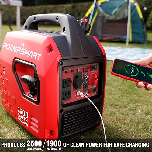 Miniatura 5 de PowerSmart Generador inversor de gas portátil de 2500 vatios, súper silencioso, generador de alta eficiencia de combustible, ligero, compatible con