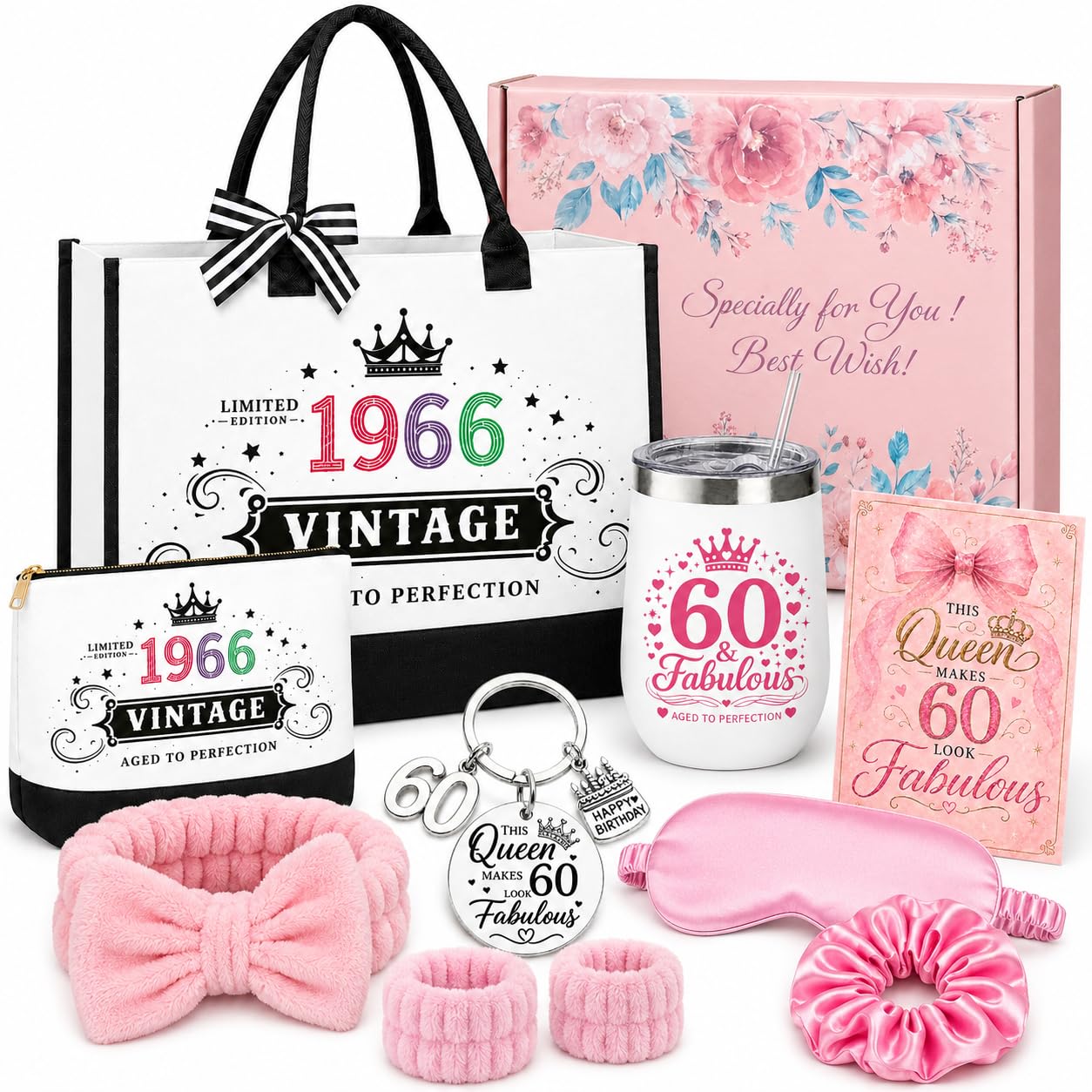 60th Birthday Gifts for Women, 1966 Birthday Gifts for Women with 12 Oz Tumbler Straw, BirthdayCard, Hand Bag Pamper Gift Set for Mom, Sister,Friend 60+ year old
