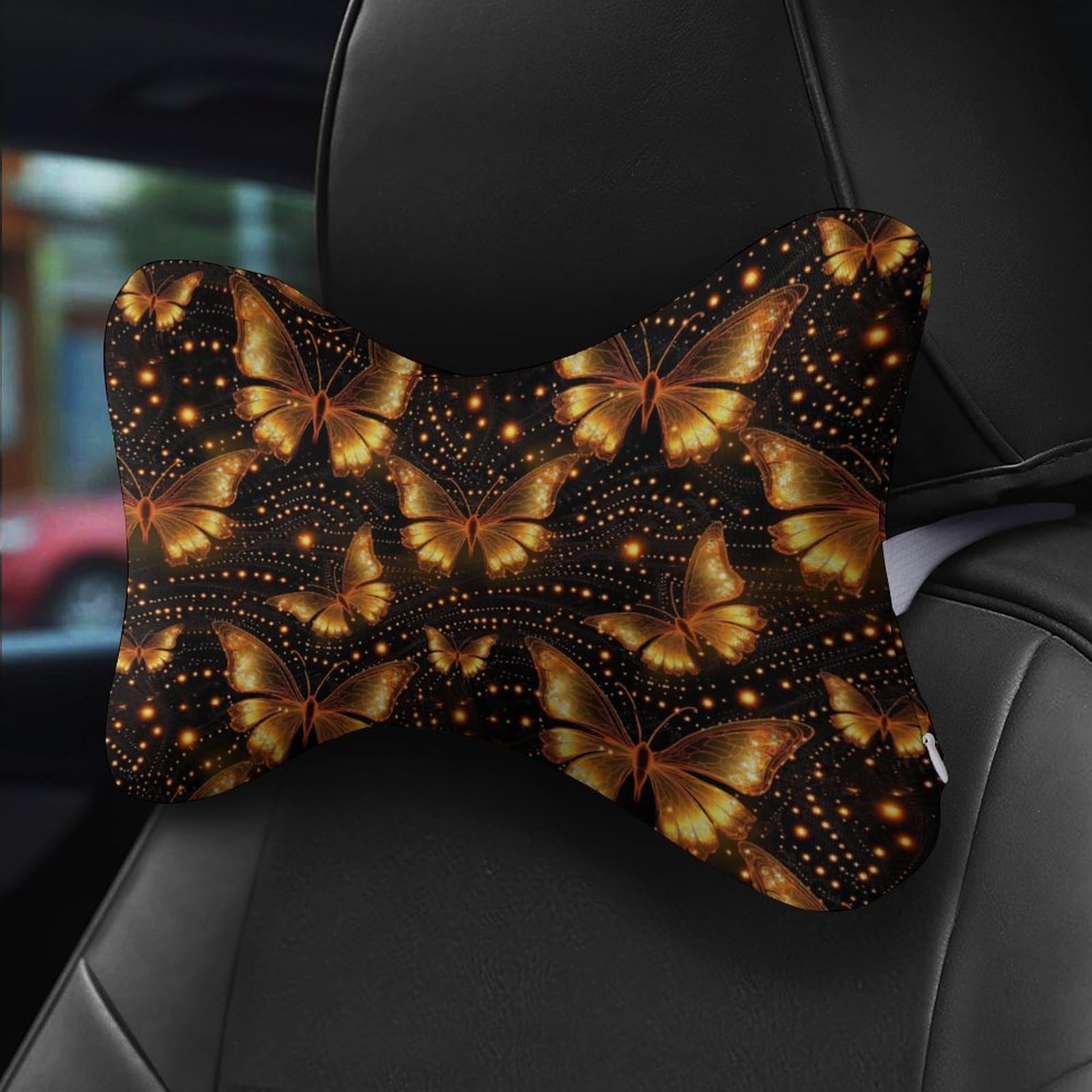 SMAZDFXX Butterfly Glitter Car Neck Pillow Set of 2 Car Seat Head Support Cushion Bone Pillows with Elastic Strap