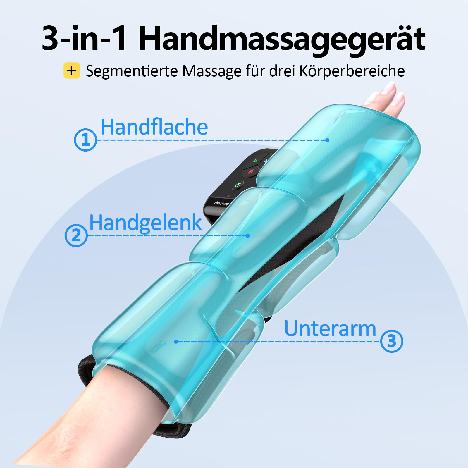 Comfytemp 3-in-1 Handmassagegerät Kabelloses Luftkompression Massage für Handfläche Handgelenk Unterarm,Heizung Massagegerät mit DIY Kontrolle per Knopfdruck und App 2500mAh Akku （1 Stück）