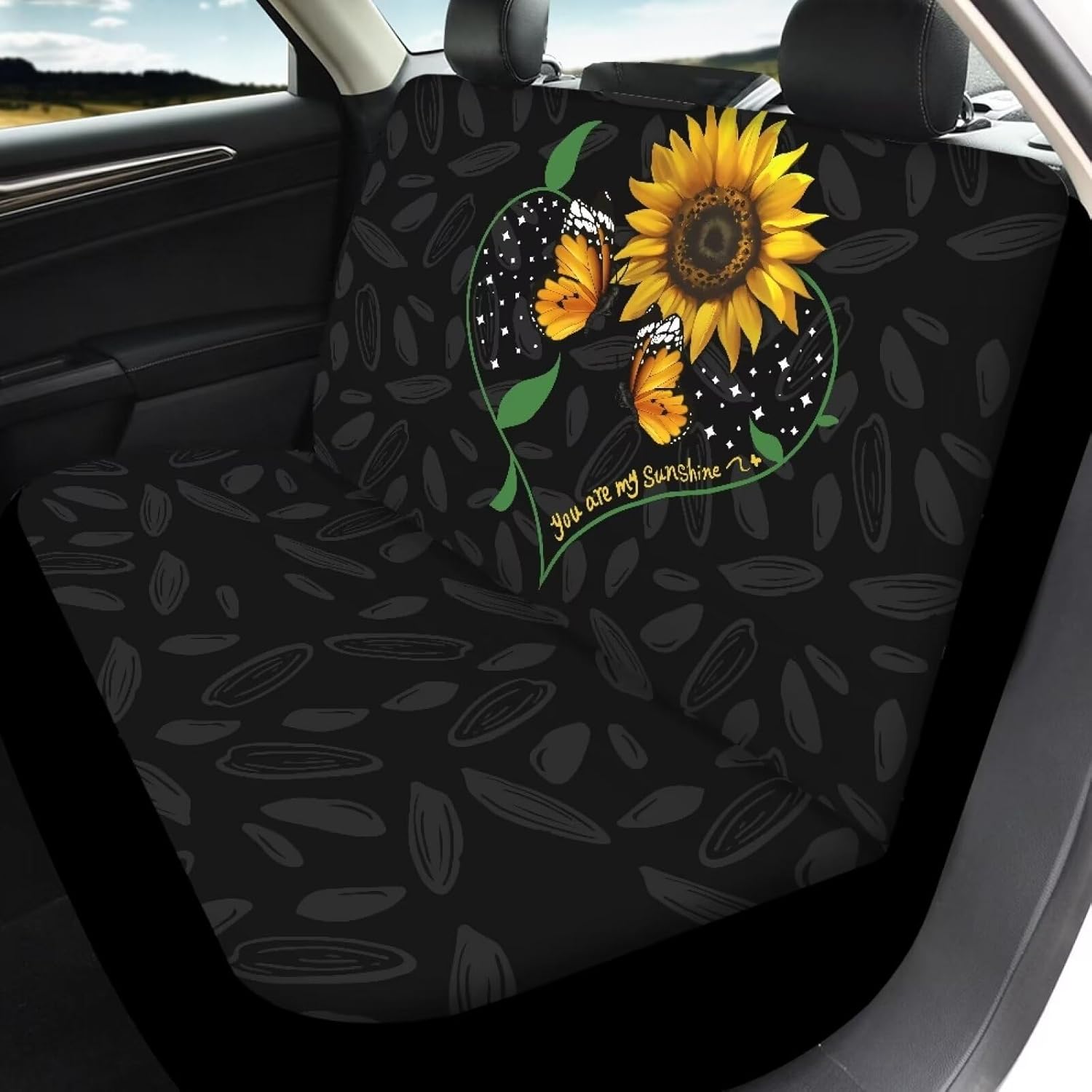 Butterfly Sunflower Print Full Set Car Seat Cover, Comfotable Breathable Split Front and Rear Bench Seat, Universal Auto Seat Cushion Protector for Van Sedan Truck SUV Vehicles, Easy to Install