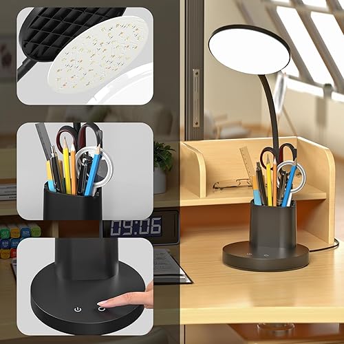 Miniatura 2 de comzler Lámpara de escritorio pequeña, lámparas de escritorio LED con soporte para bolígrafo y teléfono, luz de escritorio negra para oficina en