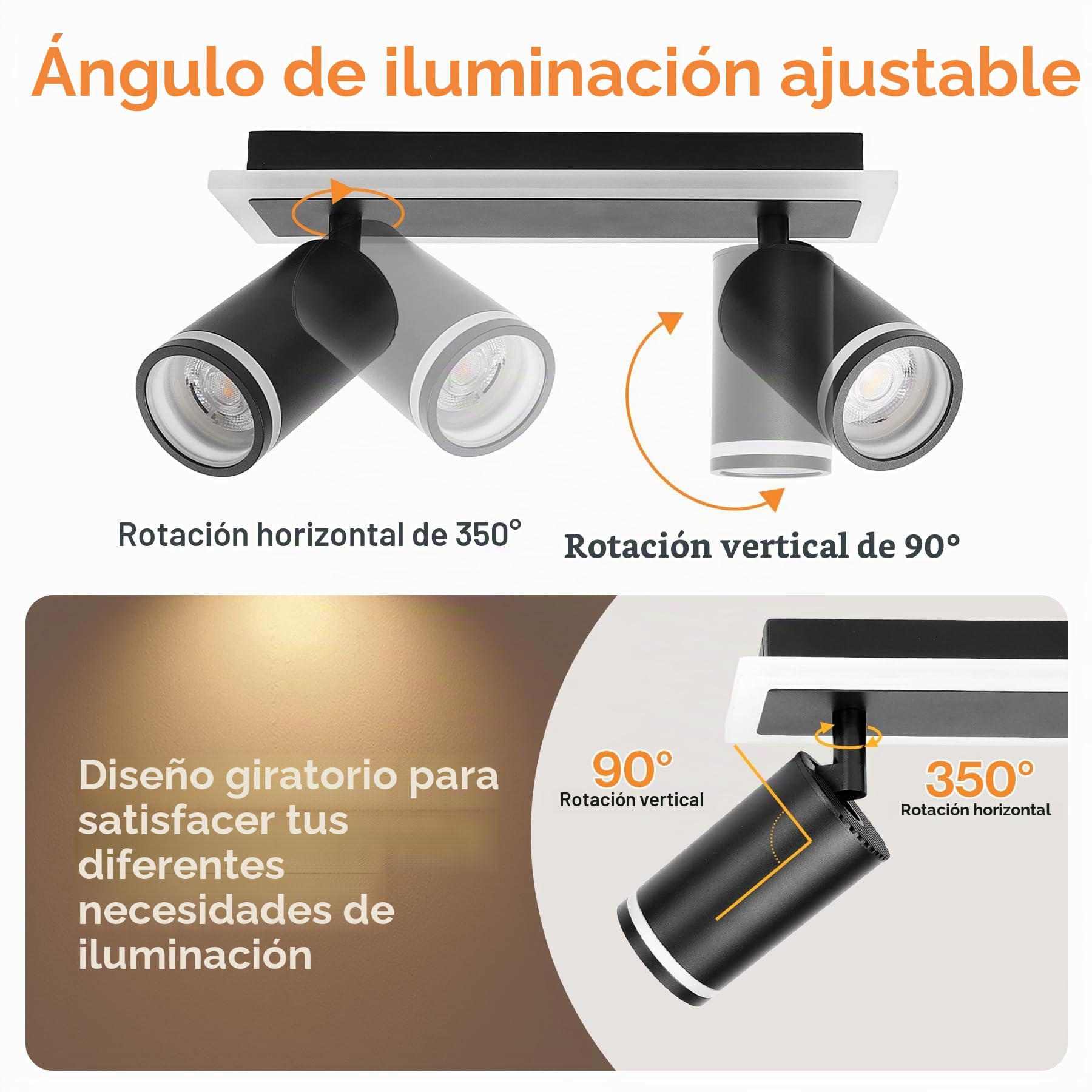 Lámpara de Techo 2 Focos Orientable Negro, Moderno Plafones de Techo con Luz Inferior 8W+ 2x5W GU10, Blanco Cálido 3000K, Foco de techo LED Para Cocina, Sala de estar, Dormitorio