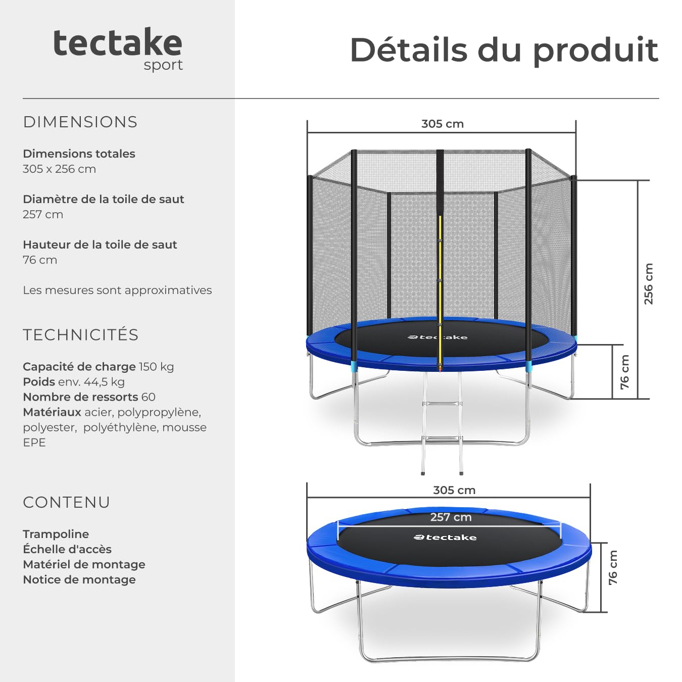 tectake® Trampoline, Trampoline de Jardin, Ø 244/305/366/396/427/457 cm, Certifié GS, Équipement de Fitness pour Entraînement d'endurance, Filet de sécurité pour Enfants, Échelle, Bordure rembourrée