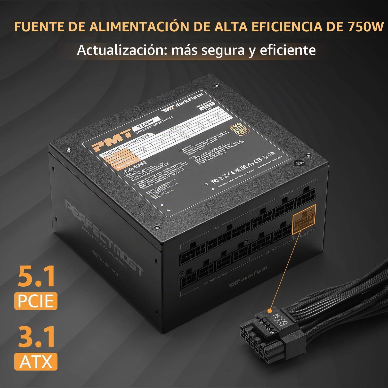 darkFlash PMT750 - Fuente de alimentación Totalmente Modular ATX 3.1 y PCIe 5.1, Cable de 12VHPWR Incluido, condensadores 100% japoneses de 105 °C, Fuente de alimentación 80 Plus Gold para Juegos