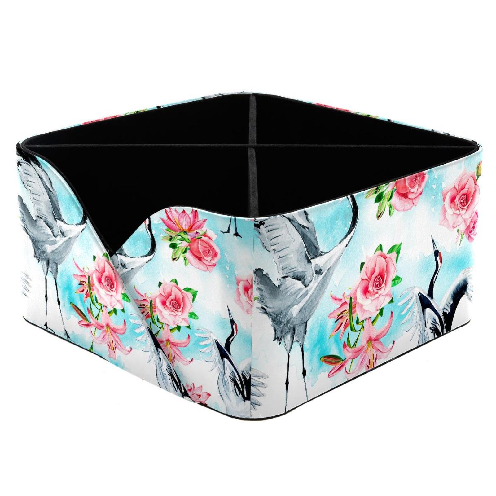 KengjuTesu Cranes and Pink Flowers of Roses Lilies and Lotuses Desktop Organizer Pen Holder, Rectangular Pencil Cup for Office, Study and Makeup Stations