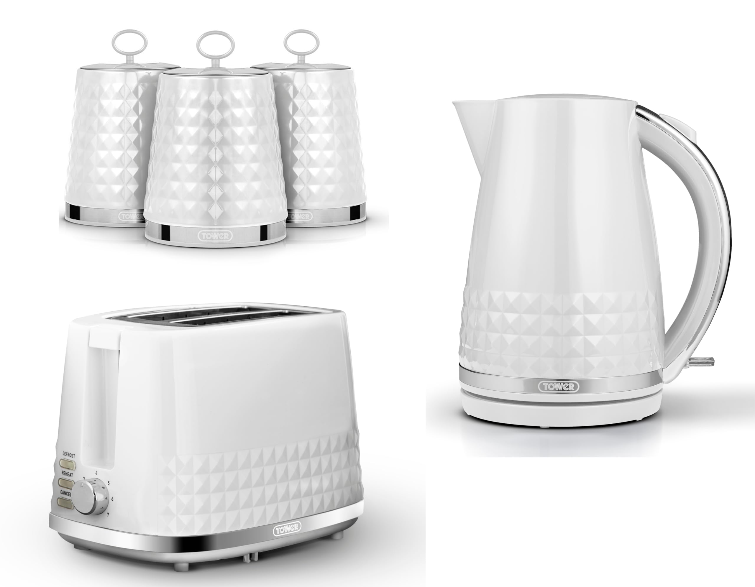 tower Tower Solitaire White 1.5L 3KW Jug Kettle, 2 Slice Toaster & Tea, Coffee, Sugar Canisters. Matching Contemporary Design Kitchen Set in White