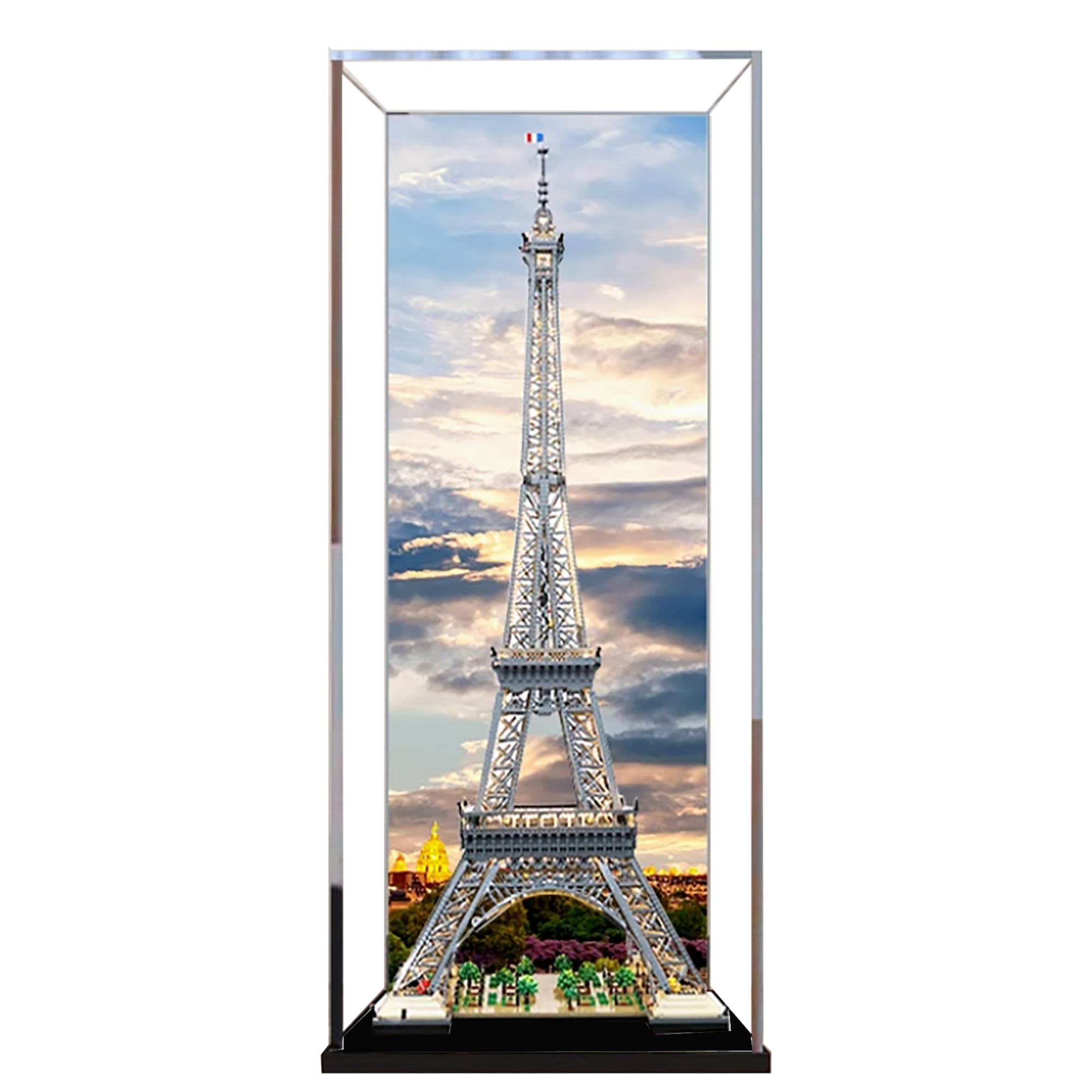 Vetrina in acrilico per Lego 10307 Torre Eiffel di Parigi, scatola antipolvere da 3 mm, espositore compatibile con Lego 10307 (modello non incluso) (costruzione sfondo A)