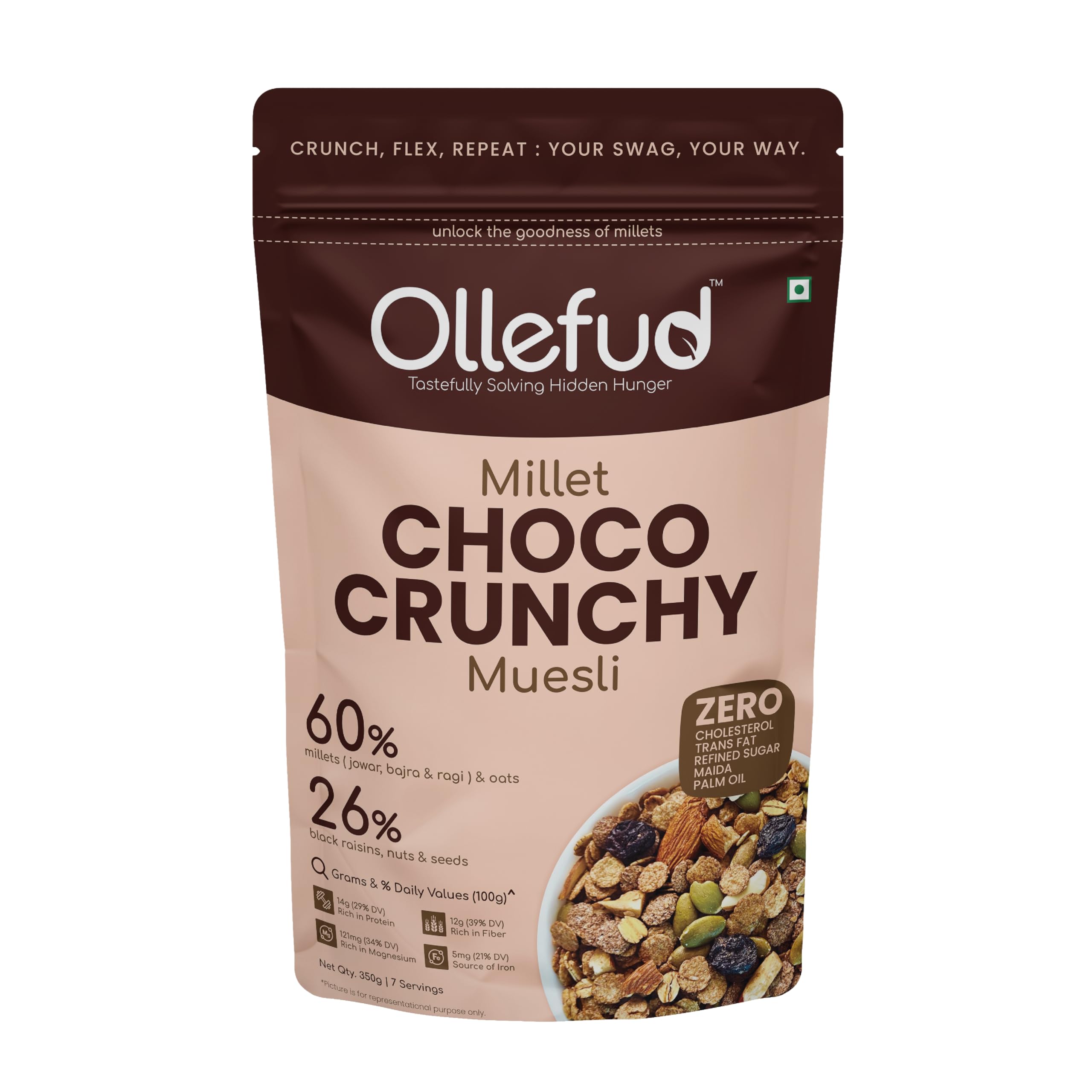Ollefud Millet Choco Crunchy Muesli | 350g | 47% Millets | 26% (Fruits, Nuts & Seeds) | Protein, Fiber & Magnesium Rich | Iron & Zinc Source | No Refined Sugar-image-8