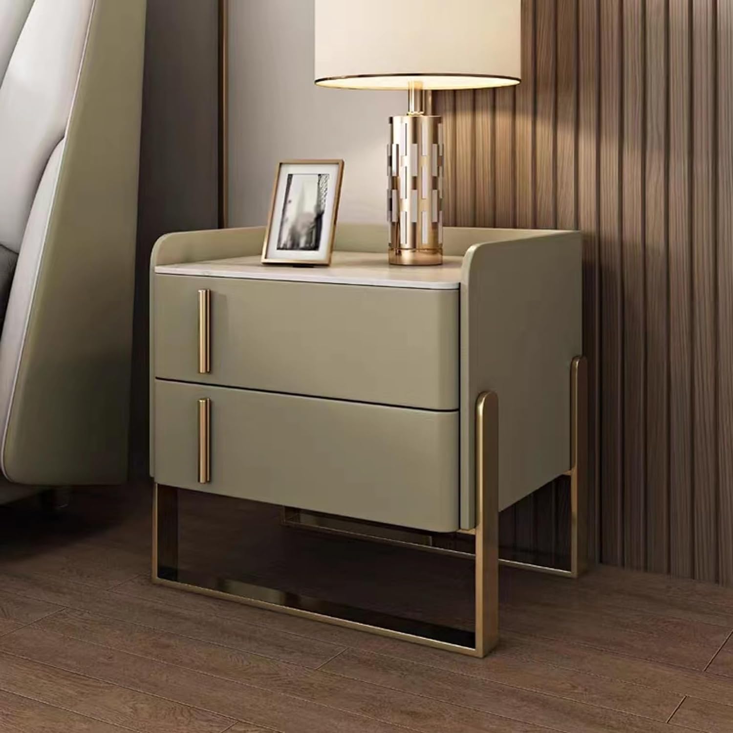 Juego de 2 mesitas de noche modernas con acabado de cuero con cajones, mesitas de noche estrechas para dormitorio, marco de pedestal de metal, mesita de noche para mesas auxiliares de cama
