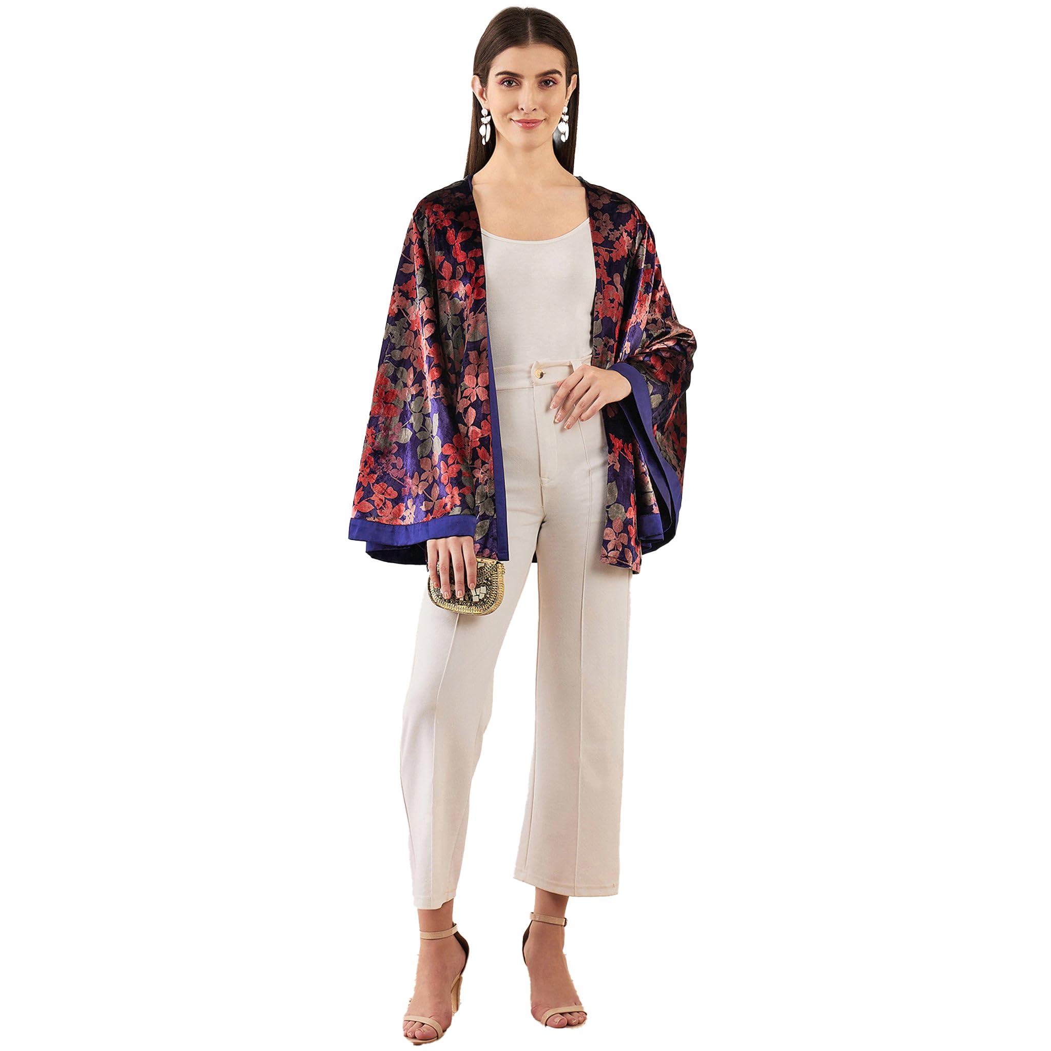 Blue and Rose Gold Floral Velvet Cape - Cover-Up for Women by Ramola Bachchan-image-45