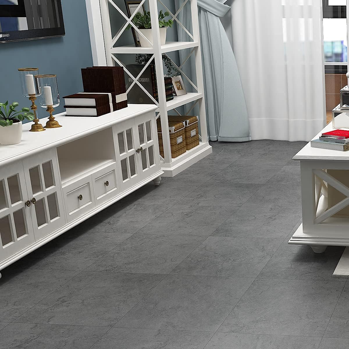 Livelynine Pavimento PVC Adesivo Bagno Impermeabile Piastrelle Adesive Pavimento Cucina Antiolio Mattonelle Adesive Pavimenti 30x30 Cemento Grigio Pavimenti PVC Adesivi Interni Soggiorno, 4 Piastrelle