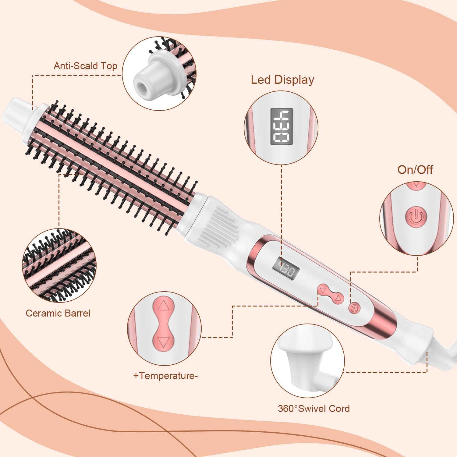 Heated Round Brush 1 Inch Curling Iron,Volumizing Thermal Brush Ceramic Tourmaline Heated Hot Ionic, Curling Wand Hair Styler Tool (White, 1 inch) - Image 6