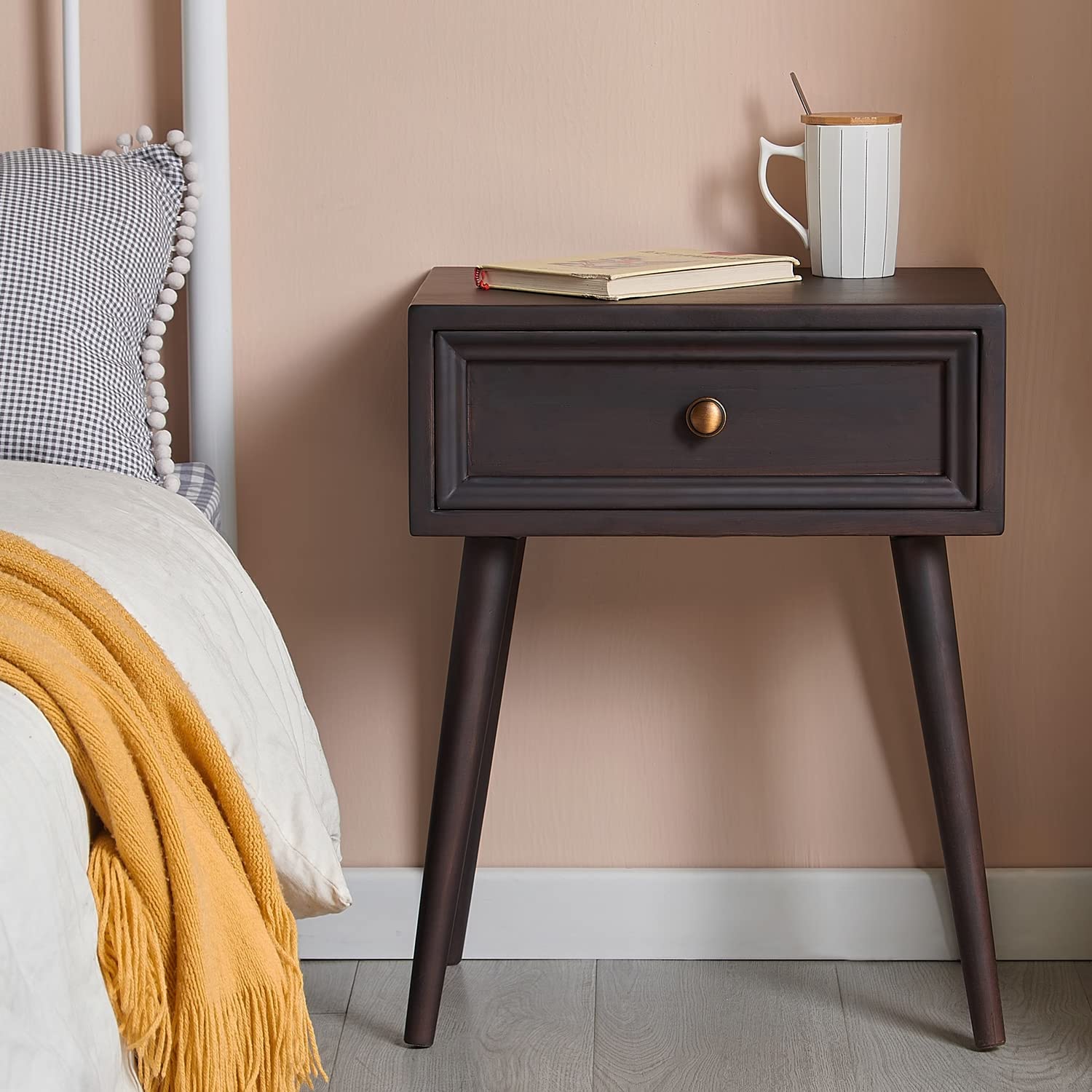 Peivlxar Round Leg End Table Concave Texture Drawer,Solid Wood