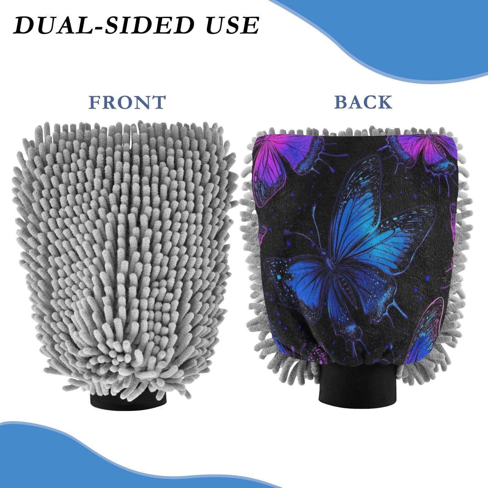 STAYTOP Beautiful Blue Butterfly Car Wash Mitt Microfiber, 2Pcs Scratch Free Lint-Free, Premium Chenille Microfiber Mitt Car Wash Brush-M
